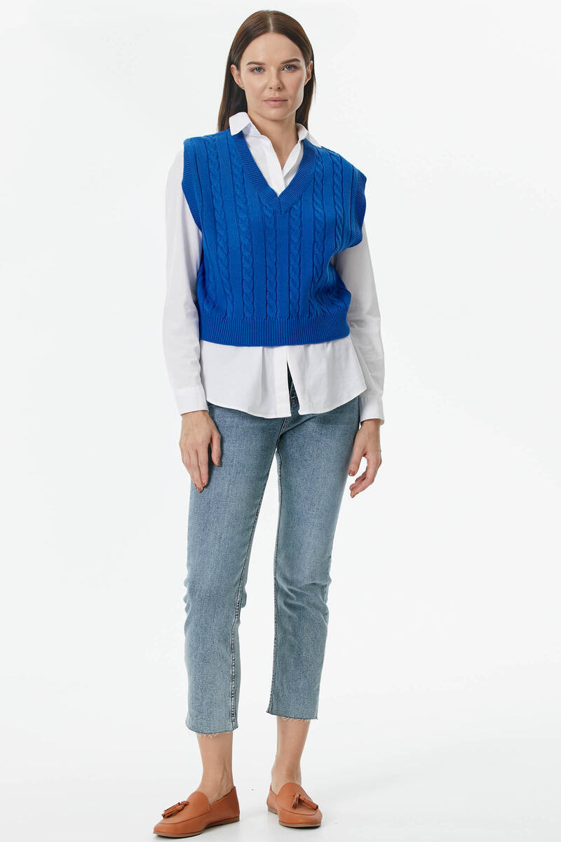 V Yaka Saç Örgülü Triko Süveter - Saks (1) Sementa