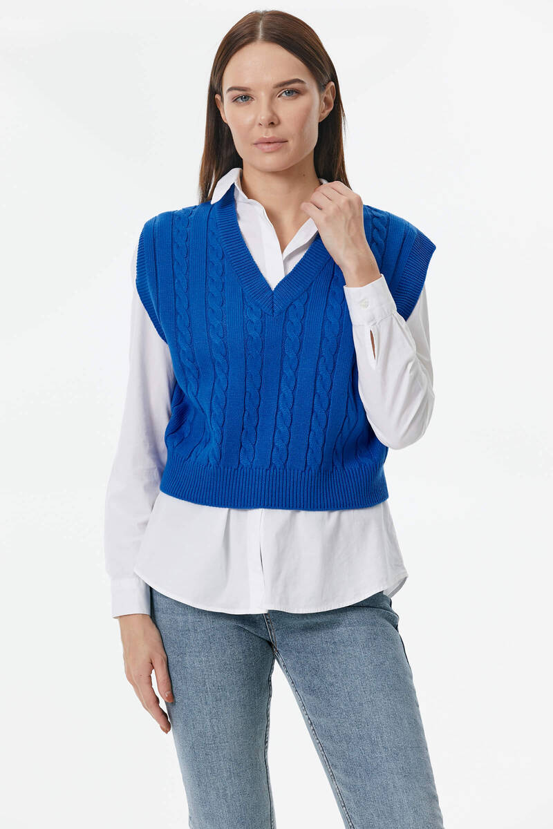 V Yaka Saç Örgülü Triko Süveter - Saks (2) Sementa