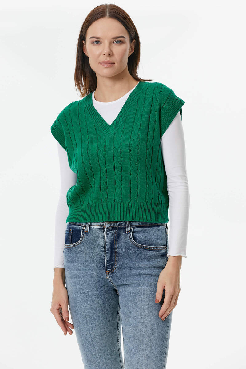 V Yaka Saç Örgülü Triko Süveter - Yeşil (1) Sementa