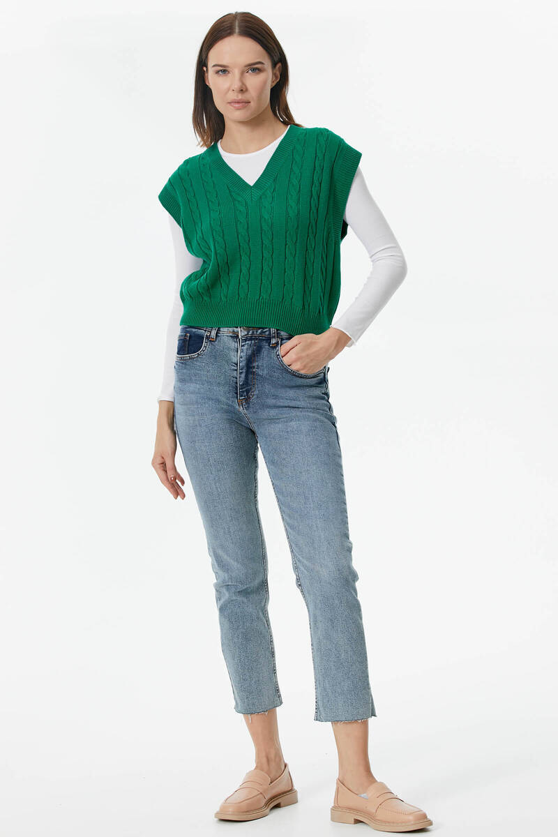 V Yaka Saç Örgülü Triko Süveter - Yeşil (2) Sementa
