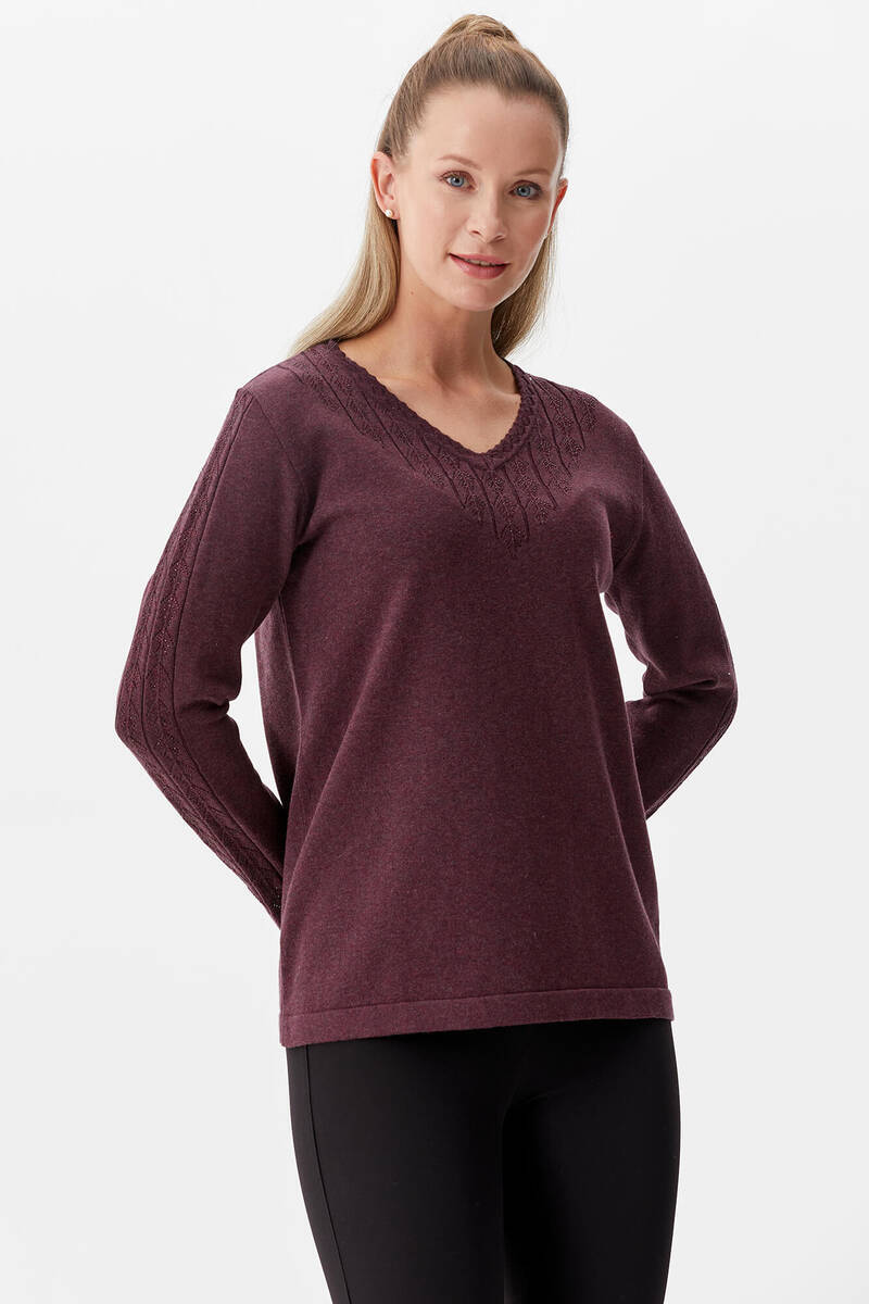 V Yaka Taşlı Triko Kazak - Gül Kurusu (1) Sementa