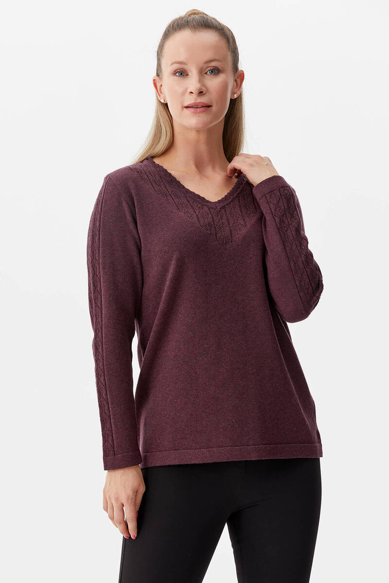 V Yaka Taşlı Triko Kazak - Gül Kurusu (3) Sementa