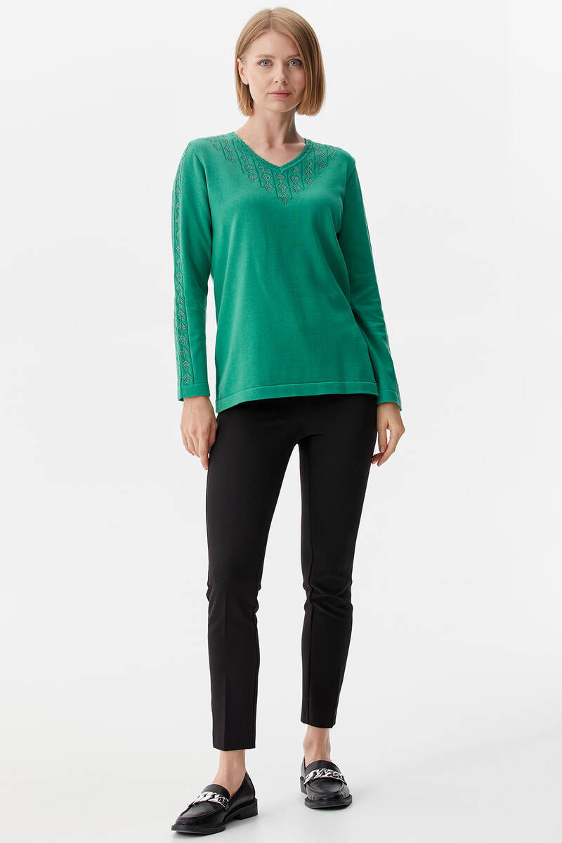 V Yaka Taşlı Triko Kazak - Yeşil (2) Sementa