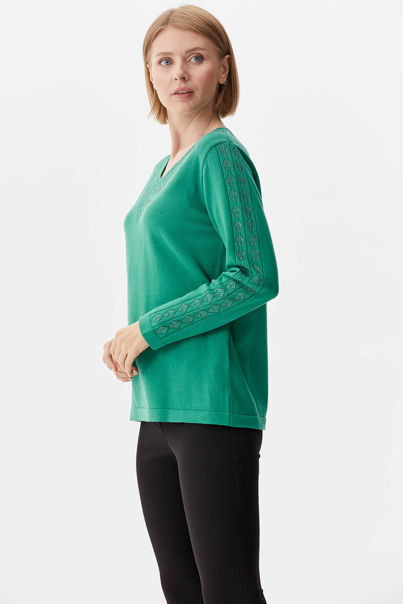 V Yaka Taşlı Triko Kazak - Yeşil (3) Sementa