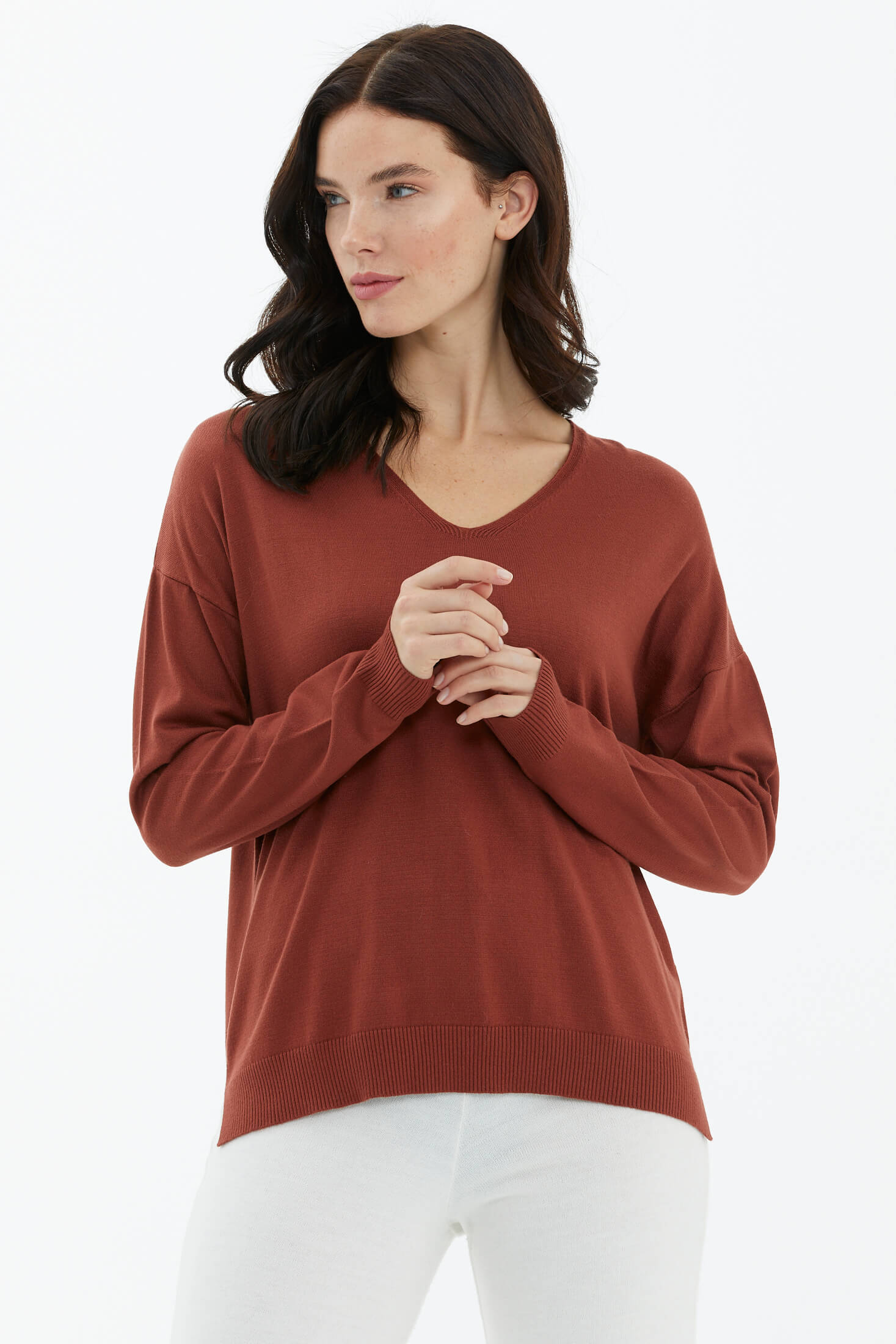 V Yaka Triko Dökümlü Kazak - Kiremit (2) Sementa