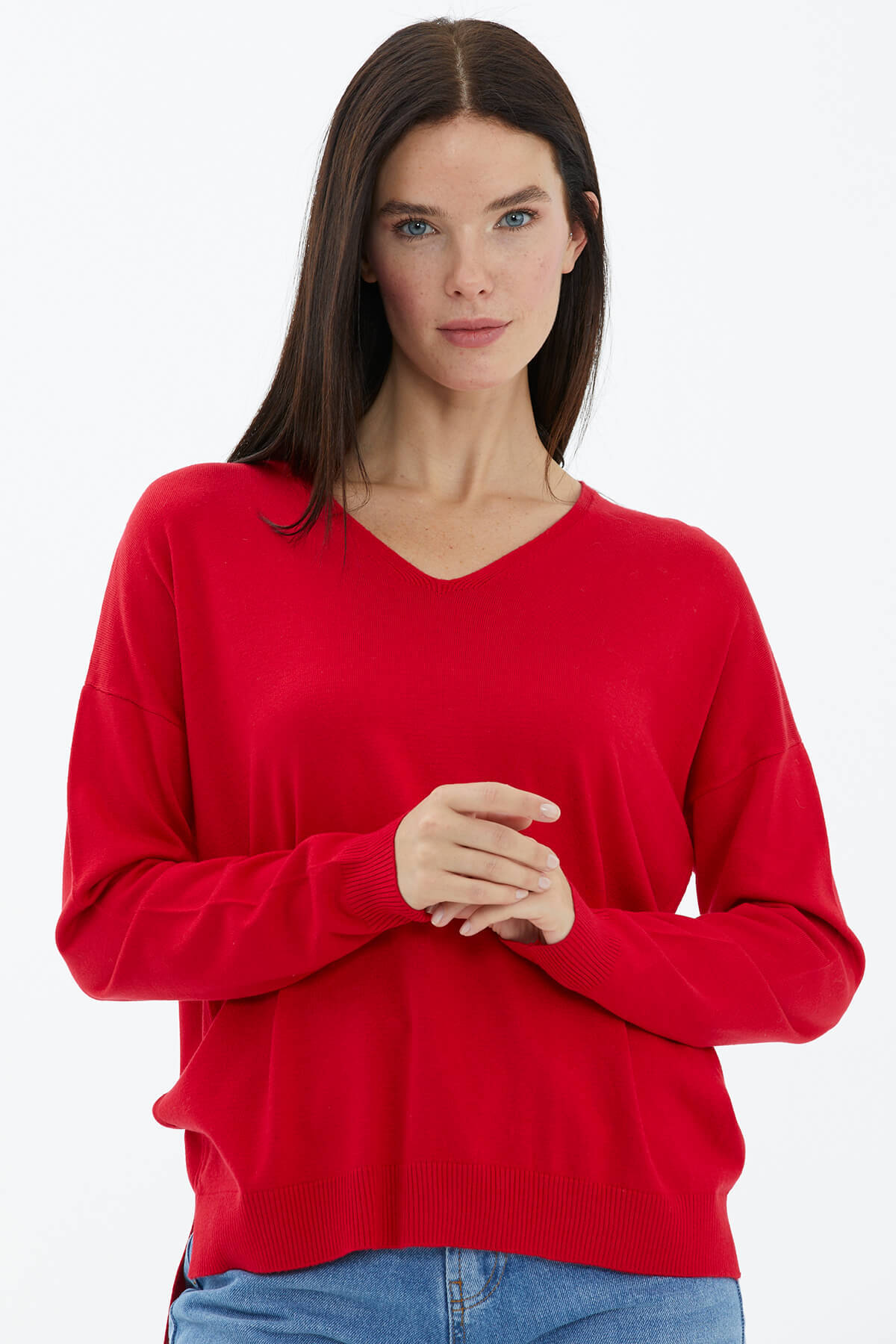 V Yaka Triko Dökümlü Kazak - Kırmızı (1) Sementa