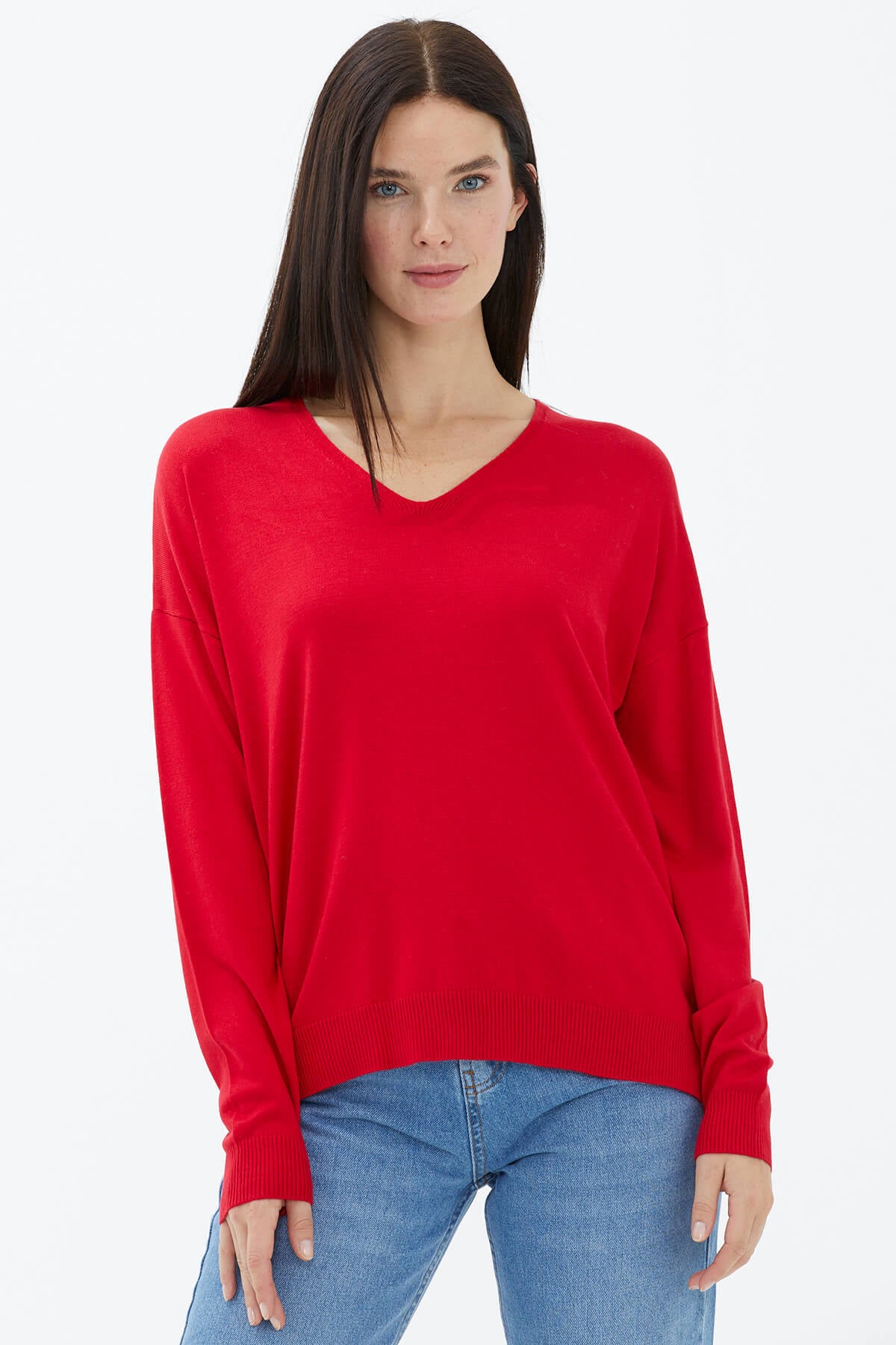 V Yaka Triko Dökümlü Kazak - Kırmızı (2) Sementa