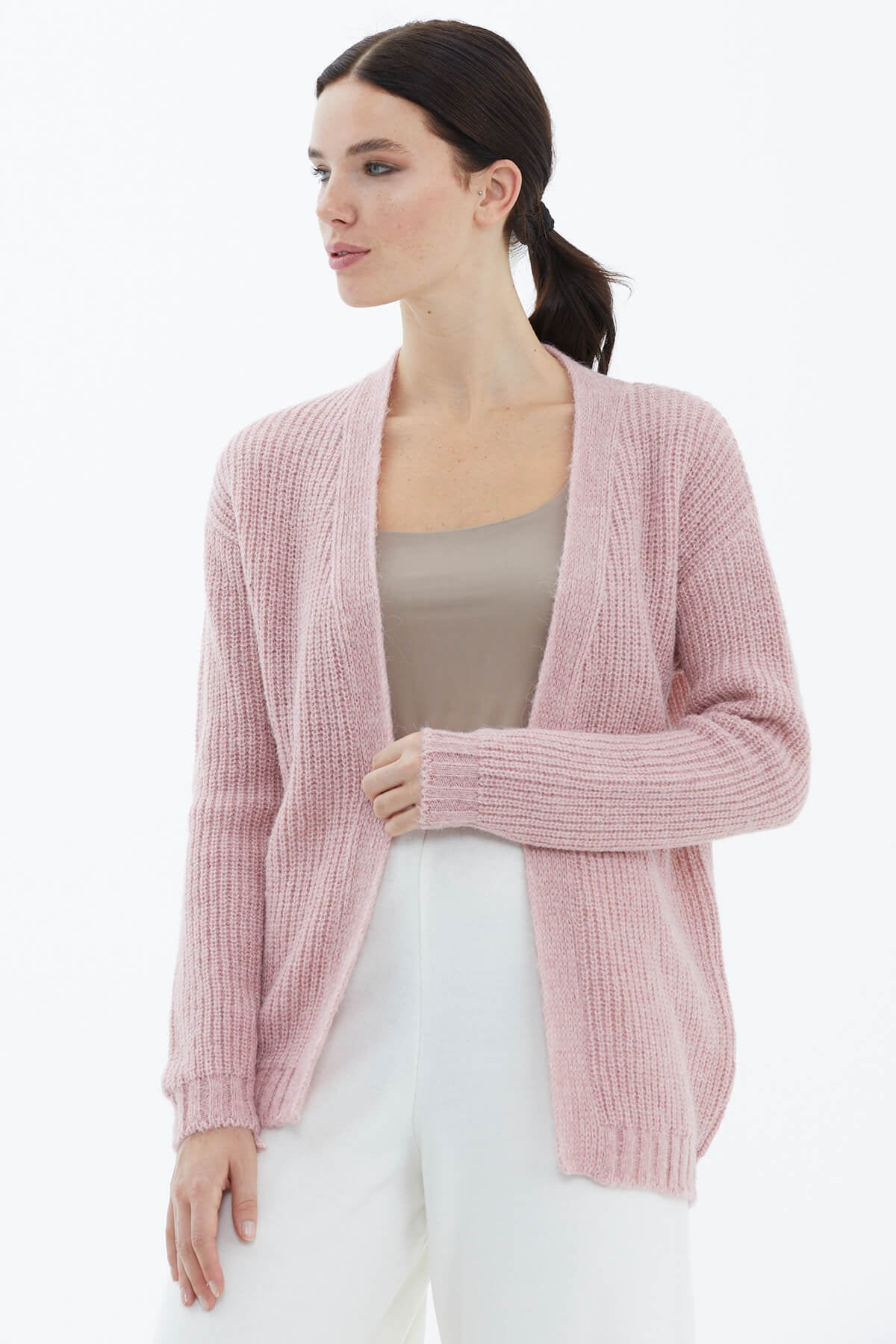 V Yaka Triko Hırka - Pembe (2) Sementa