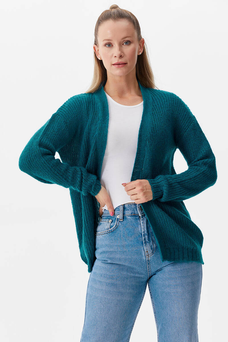 V Yaka Triko Hırka - Petrol (2) Sementa