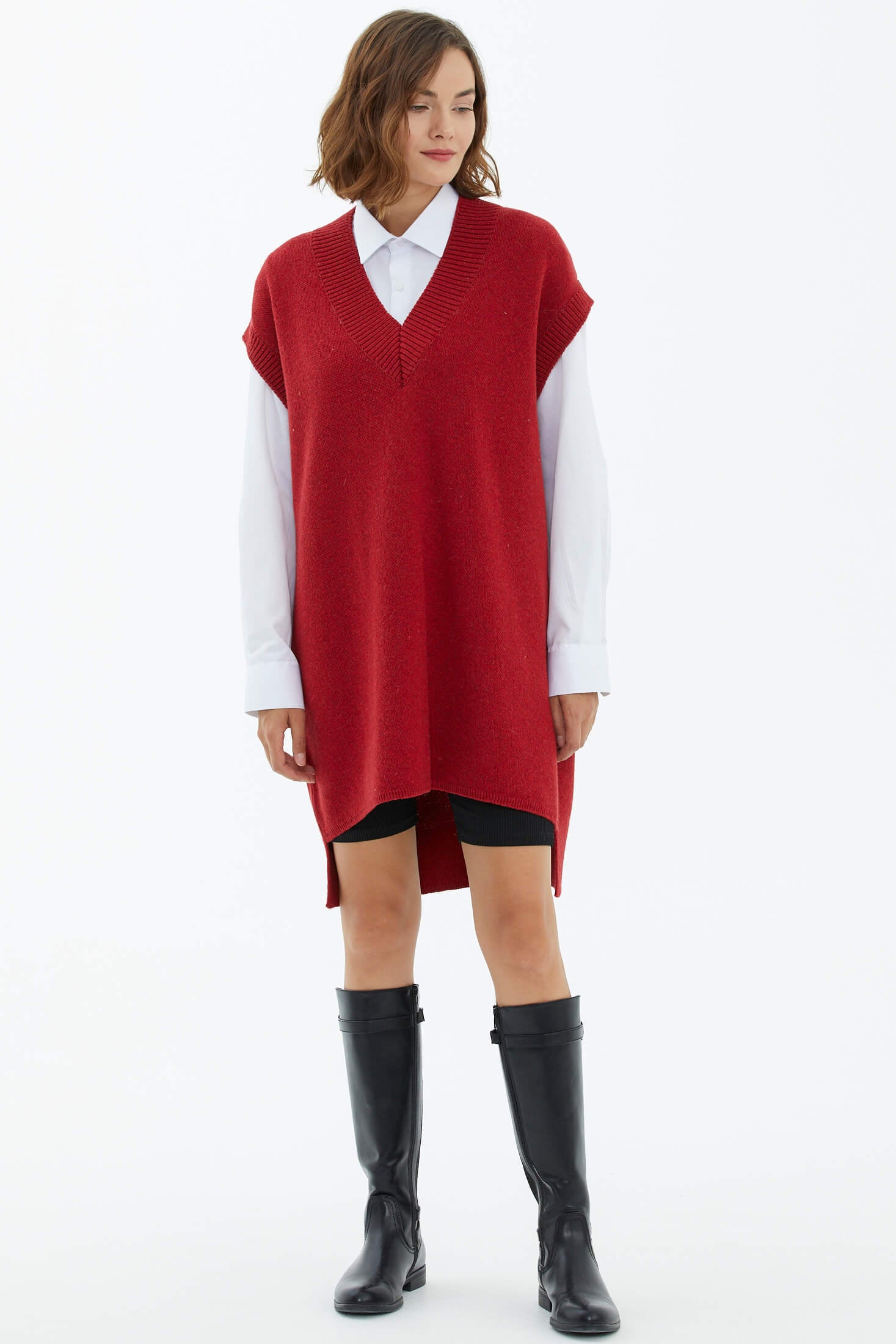 V Yaka Uzun Triko Süveter - Kırmızı (1) Sementa