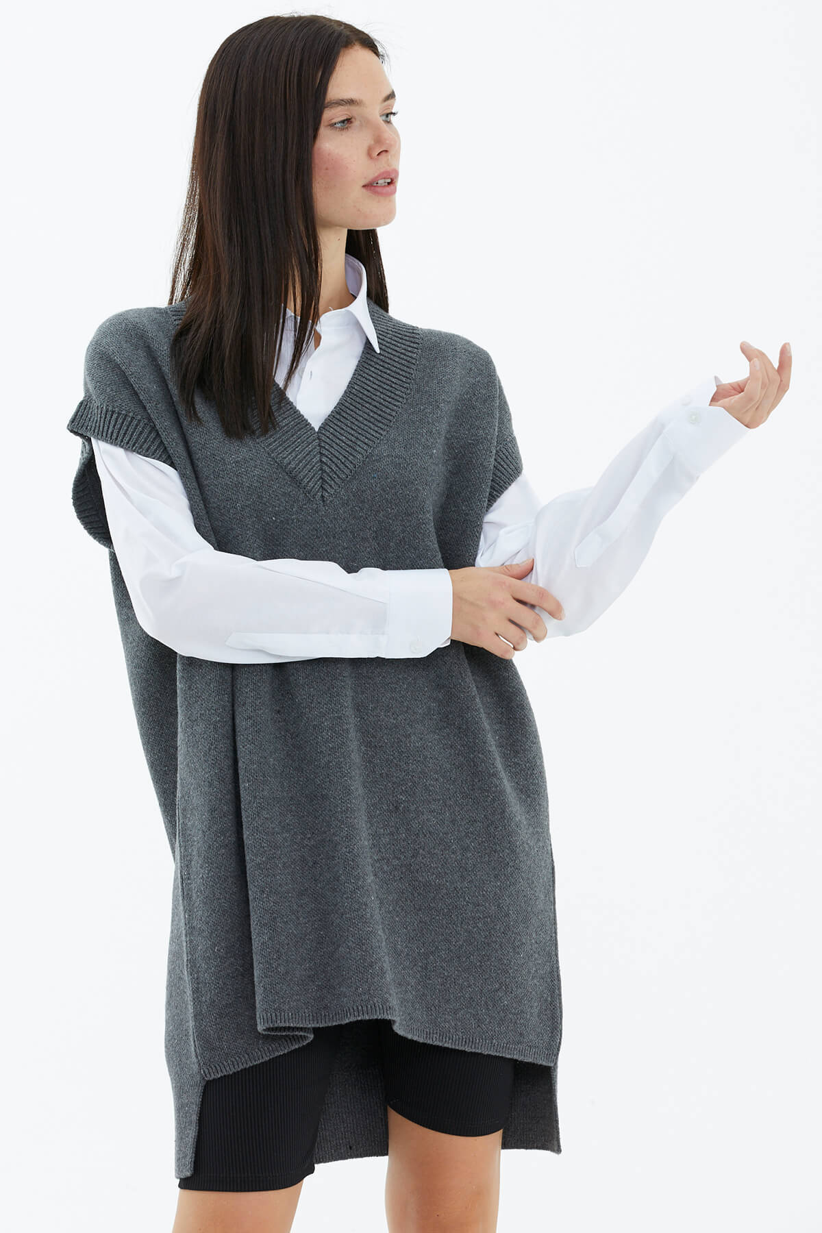 V Yaka Uzun Triko Süveter - Koyu Gri (1) Sementa
