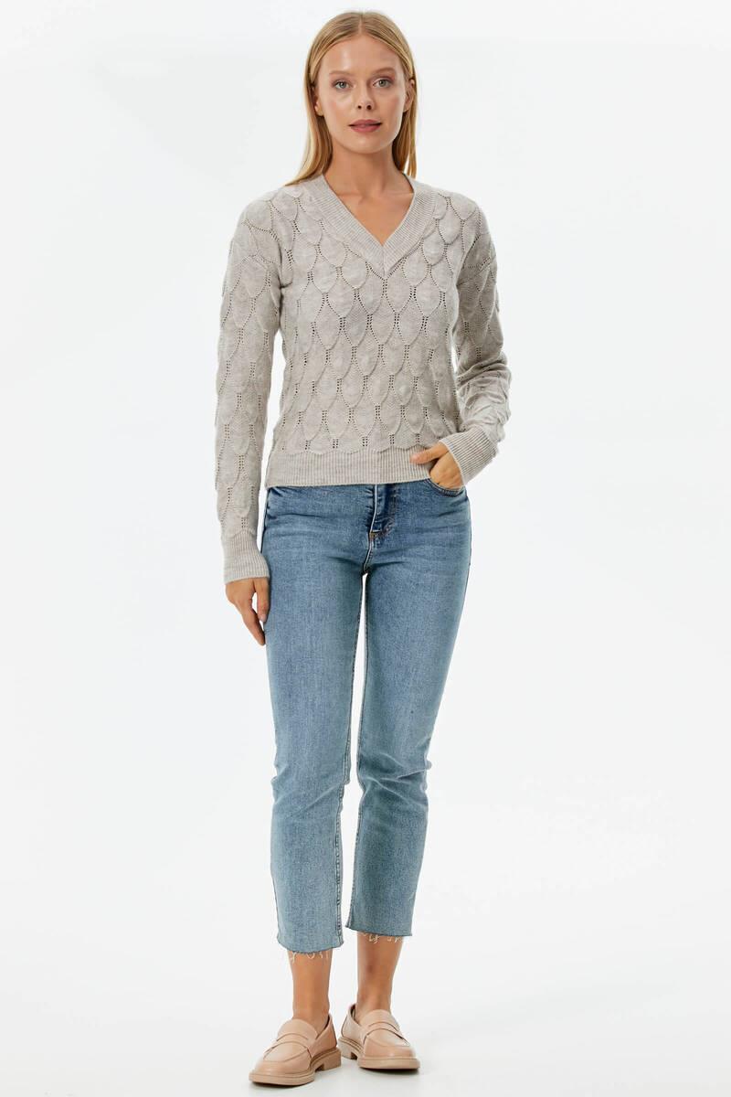 V Yaka Yaprak Desenli Triko Kazak - Açık Bej (1) Sementa