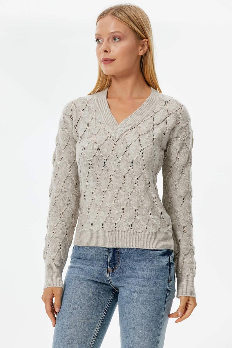 V Yaka Yaprak Desenli Triko Kazak - Açık Bej (2) Sementa