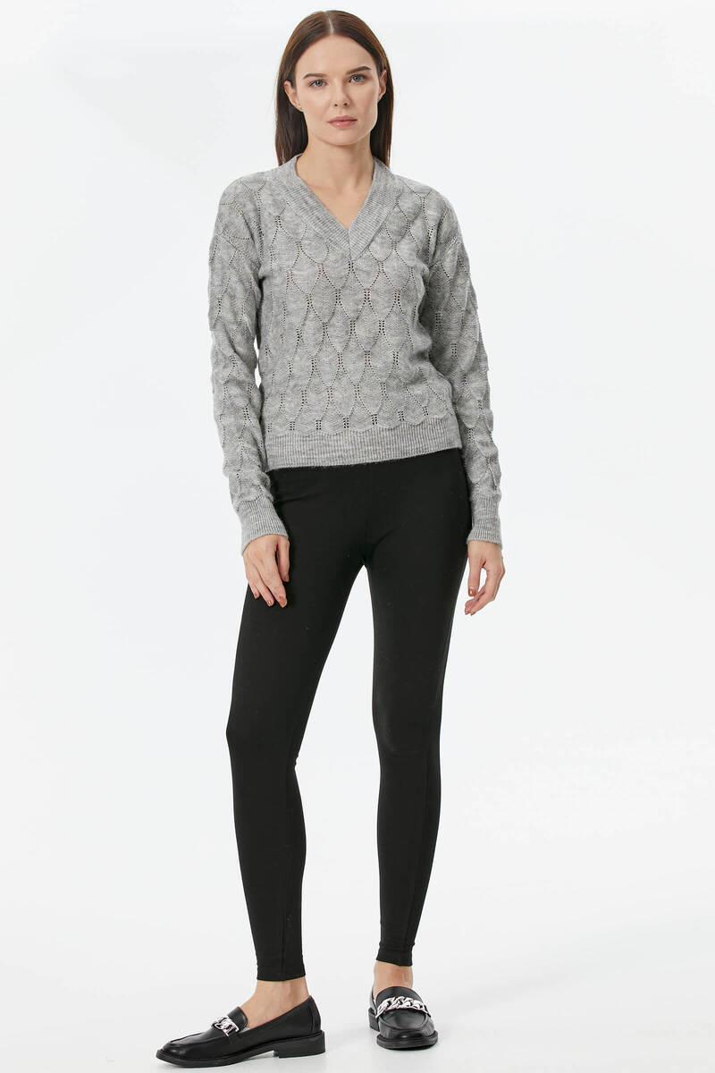 V Yaka Yaprak Desenli Triko Kazak - Açık Gri (1) Sementa