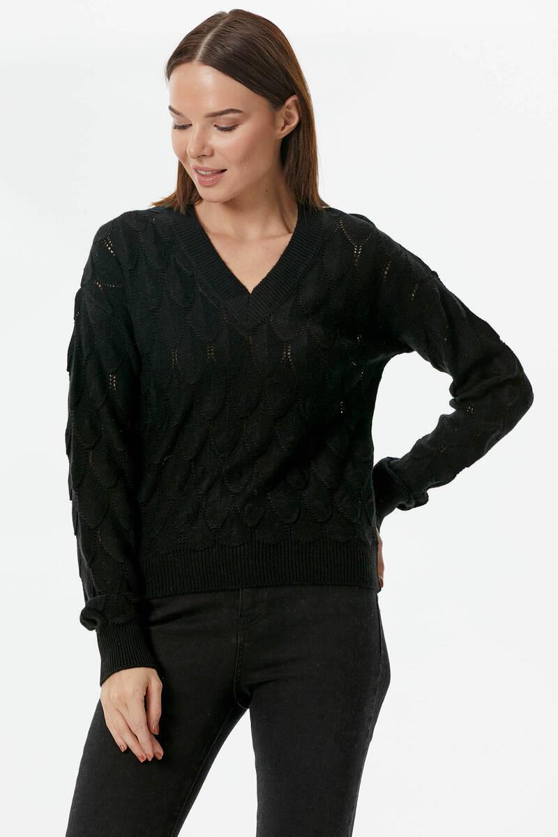 V Yaka Yaprak Desenli Triko Kazak - Siyah (2) Sementa