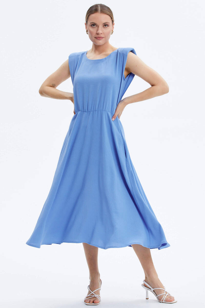 Vatkalı Beli Büzgülü Krep Elbise - Mavi (1) Sementa