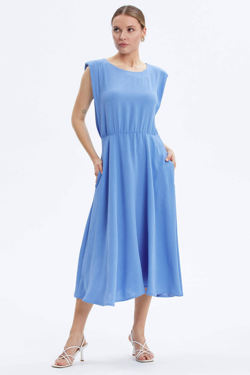 Vatkalı Beli Büzgülü Krep Elbise - Mavi (2) Sementa