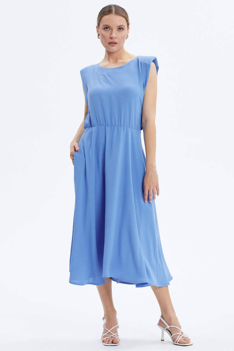 Vatkalı Beli Büzgülü Krep Elbise - Mavi (3) Sementa