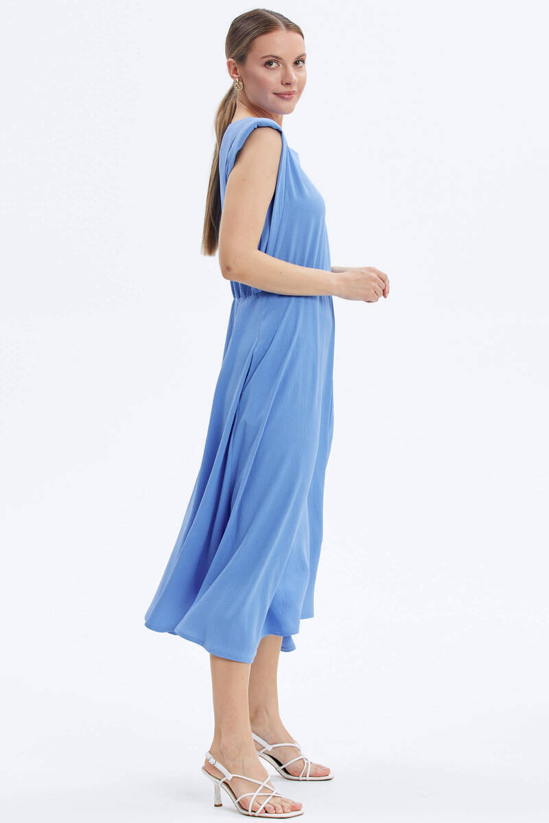 Vatkalı Beli Büzgülü Krep Elbise - Mavi (4) Sementa