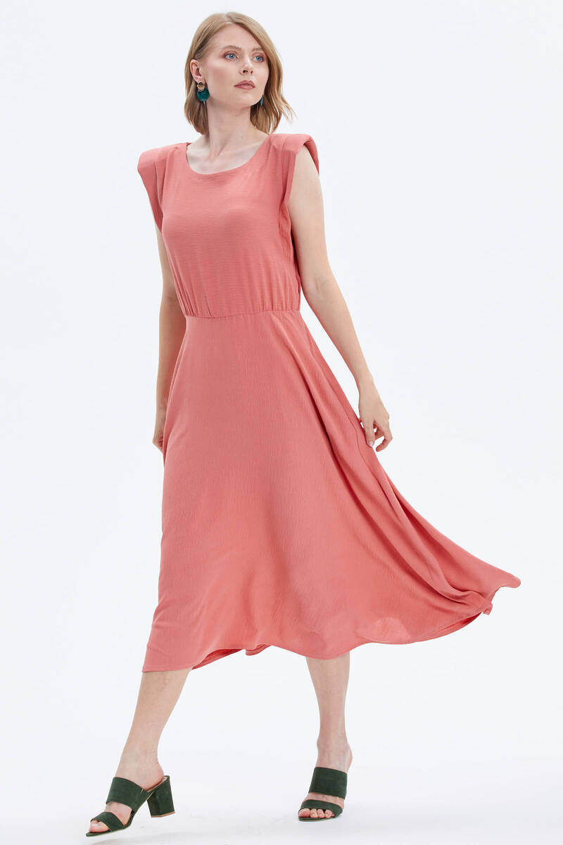 Vatkalı Beli Büzgülü Krep Elbise - Somon (1) Sementa