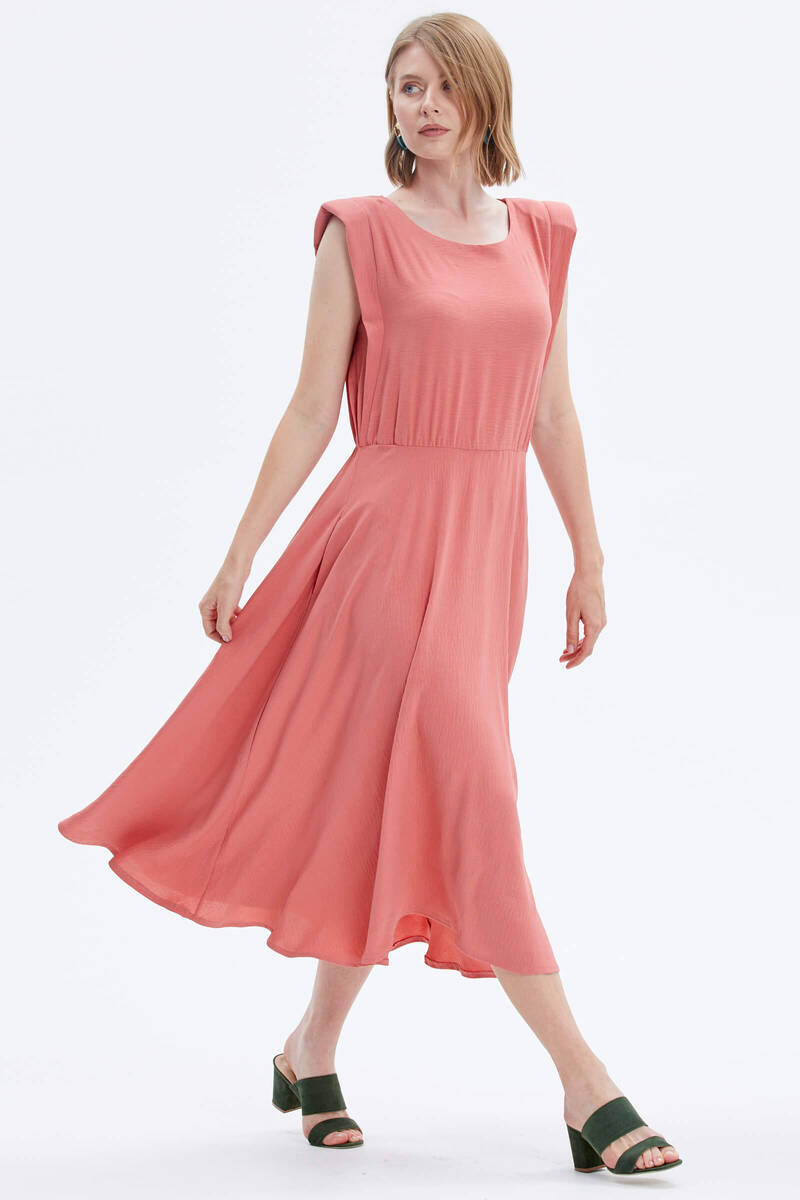 Vatkalı Beli Büzgülü Krep Elbise - Somon (2) Sementa