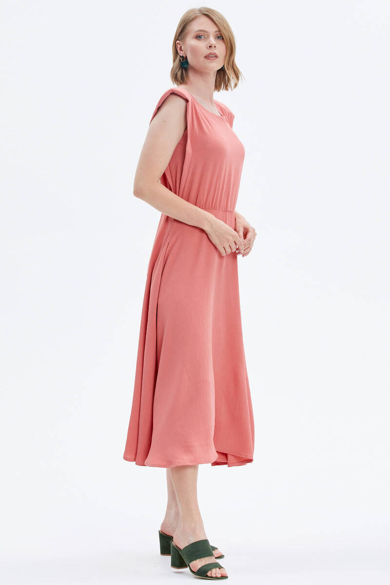 Vatkalı Beli Büzgülü Krep Elbise - Somon (3) Sementa