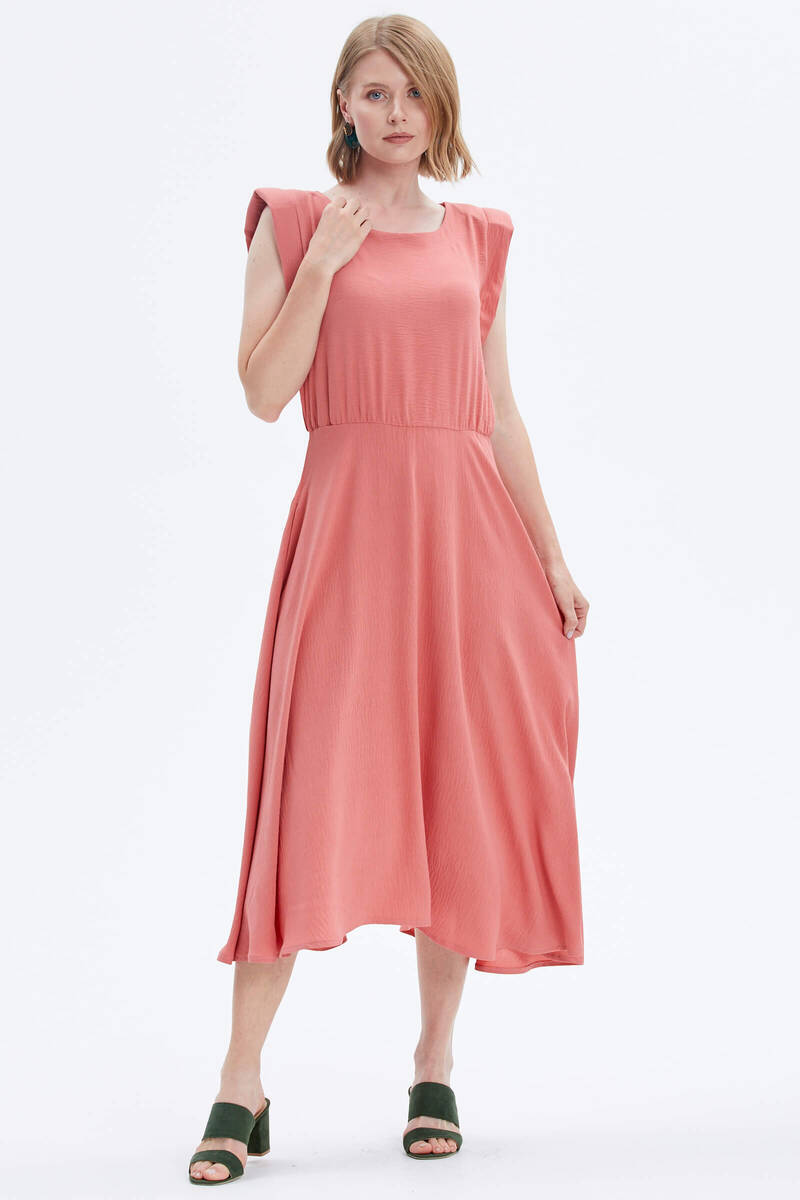 Vatkalı Beli Büzgülü Krep Elbise - Somon (4) Sementa