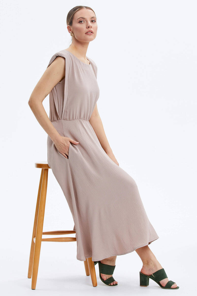 Vatkalı Beli Büzgülü Krep Elbise - Vizon (1) Sementa