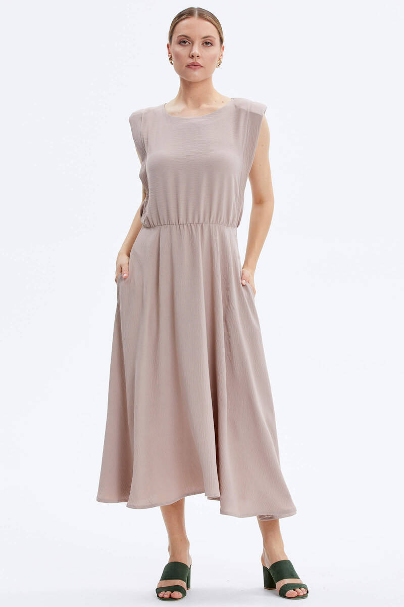 Vatkalı Beli Büzgülü Krep Elbise - Vizon (2) Sementa