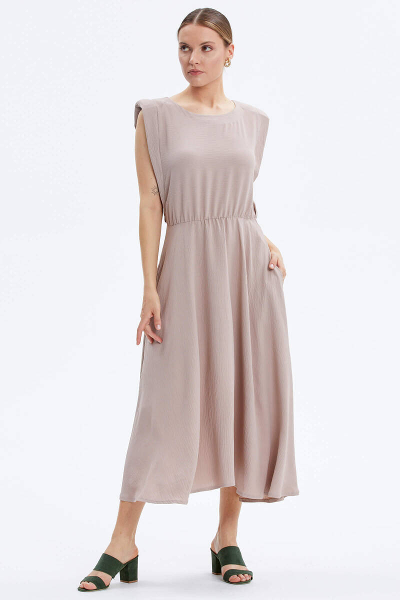 Vatkalı Beli Büzgülü Krep Elbise - Vizon (3) Sementa