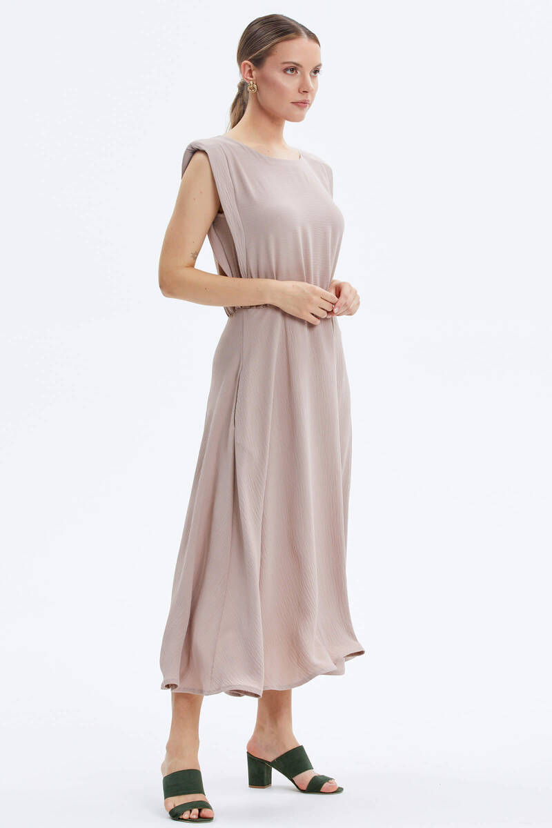 Vatkalı Beli Büzgülü Krep Elbise - Vizon (4) Sementa