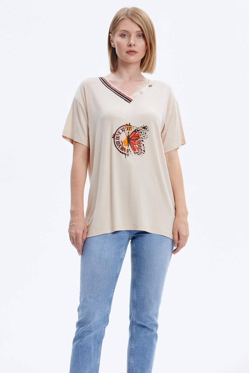 Yaka Detaylı Baskılı Rahat Kalıp Tshirt - Bej (1) Sementa