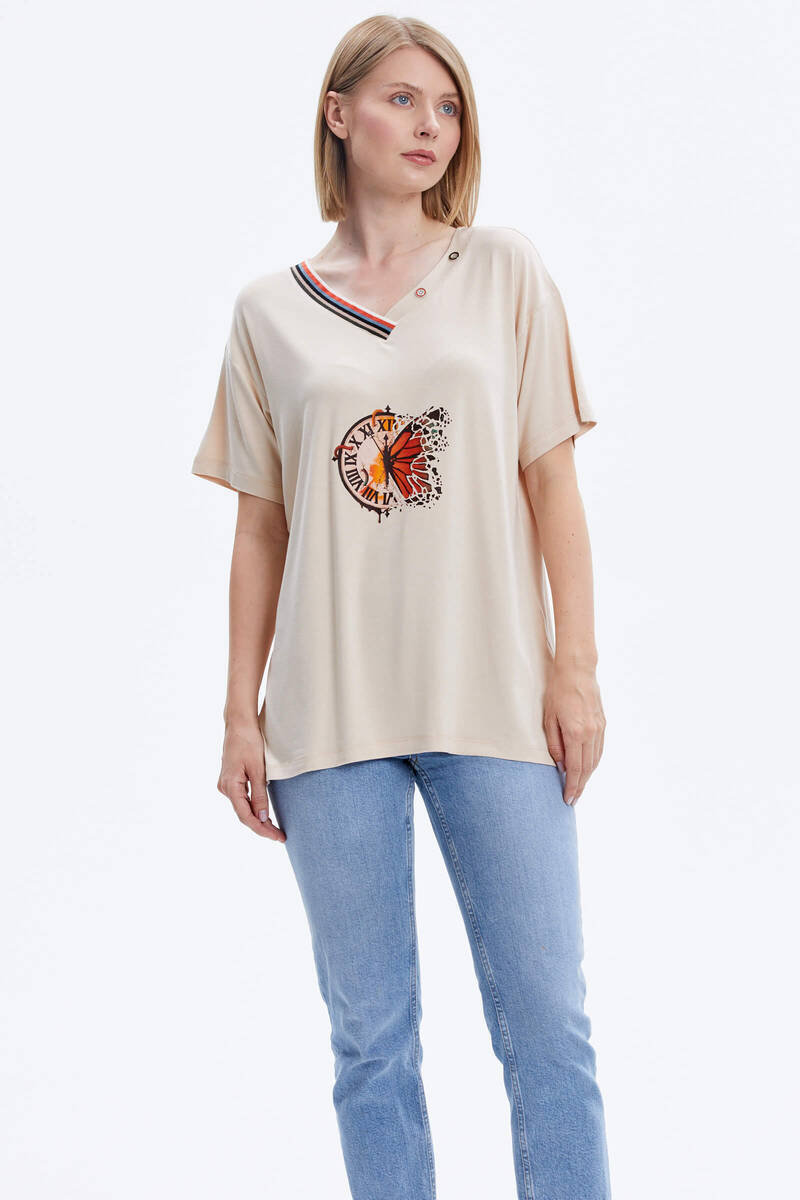 Yaka Detaylı Baskılı Rahat Kalıp Tshirt - Bej (2) Sementa