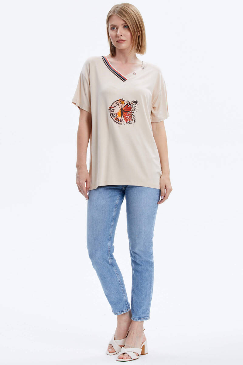 Yaka Detaylı Baskılı Rahat Kalıp Tshirt - Bej (4) Sementa