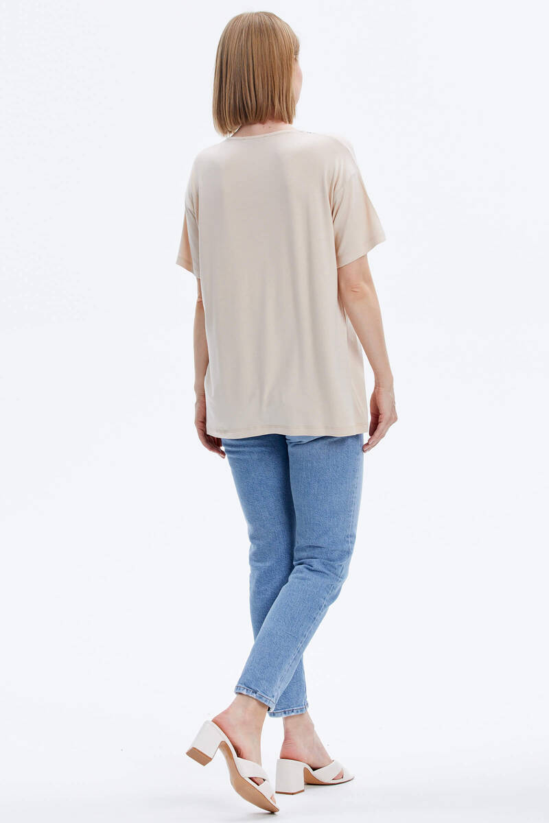 Yaka Detaylı Baskılı Rahat Kalıp Tshirt - Bej (5) Sementa