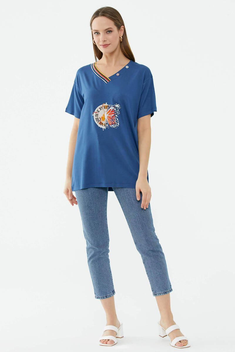 Yaka Detaylı Baskılı Rahat Kalıp Tshirt - Indigo (1) Sementa