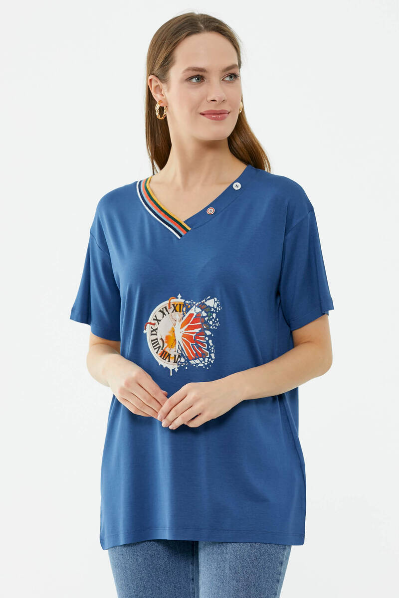 Yaka Detaylı Baskılı Rahat Kalıp Tshirt - Indigo (2) Sementa