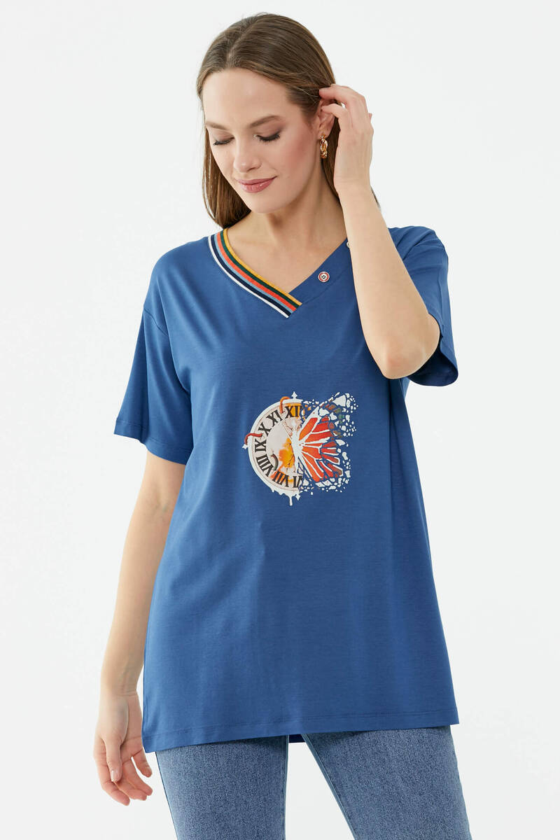 Yaka Detaylı Baskılı Rahat Kalıp Tshirt - Indigo (3) Sementa