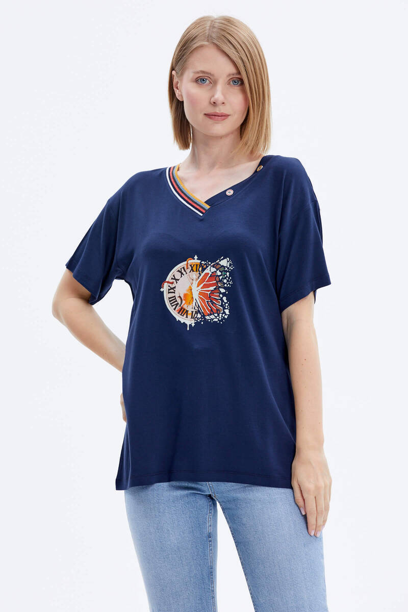 Yaka Detaylı Baskılı Rahat Kalıp Tshirt - Lacivert (1) Sementa