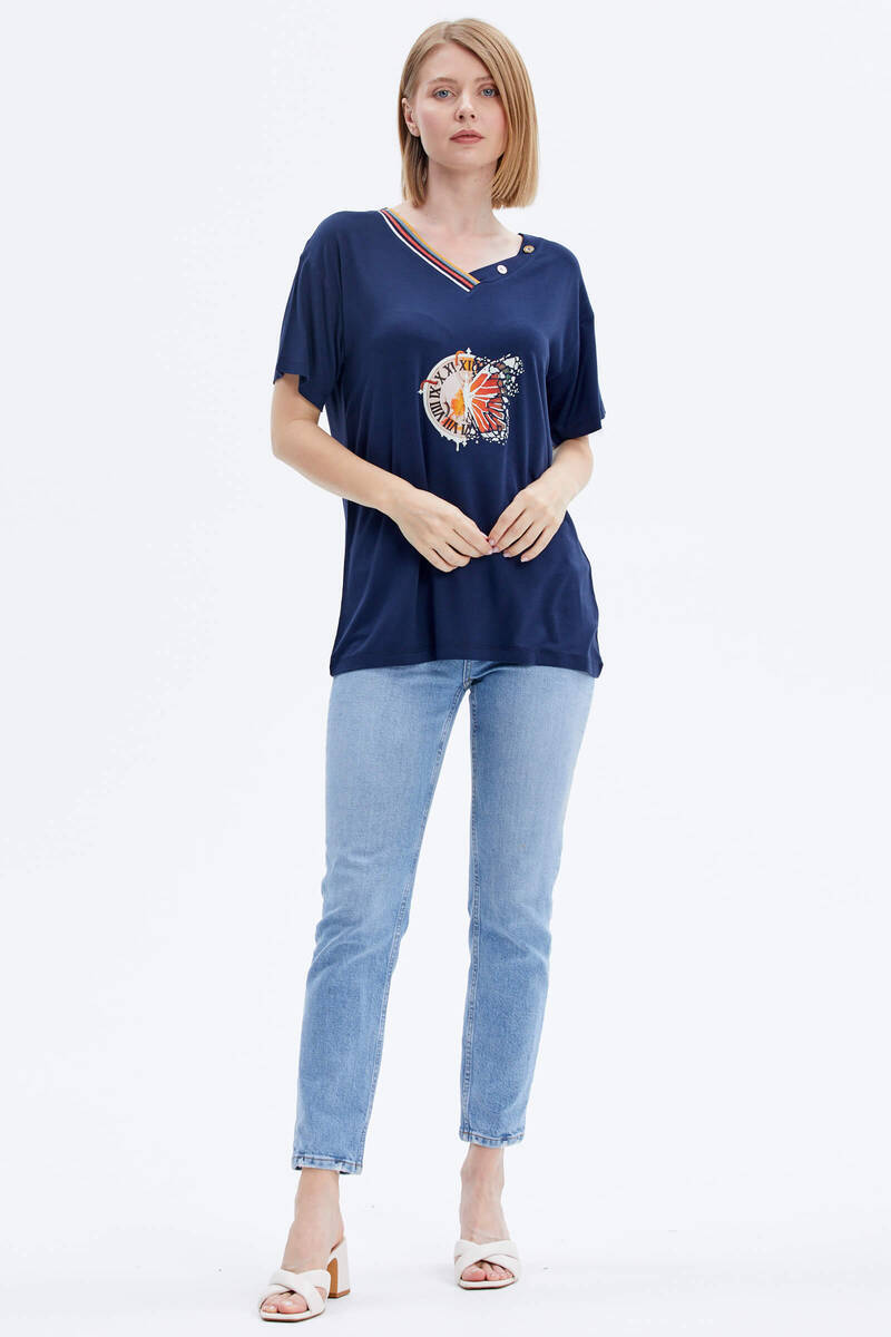 Yaka Detaylı Baskılı Rahat Kalıp Tshirt - Lacivert (2) Sementa