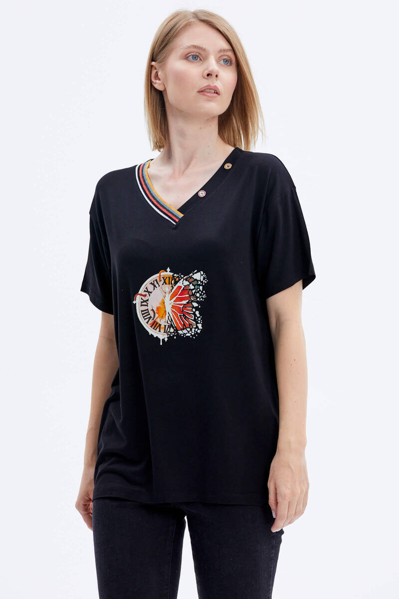 Yaka Detaylı Baskılı Rahat Kalıp Tshirt - Siyah (1) Sementa