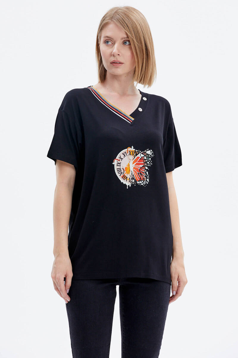 Yaka Detaylı Baskılı Rahat Kalıp Tshirt - Siyah (3) Sementa