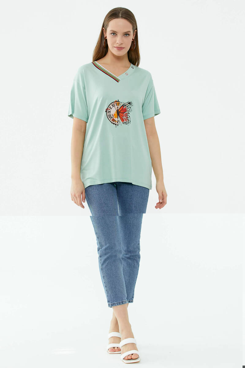 Yaka Detaylı Baskılı Rahat Kalıp Tshirt - Yeşil (1) Sementa