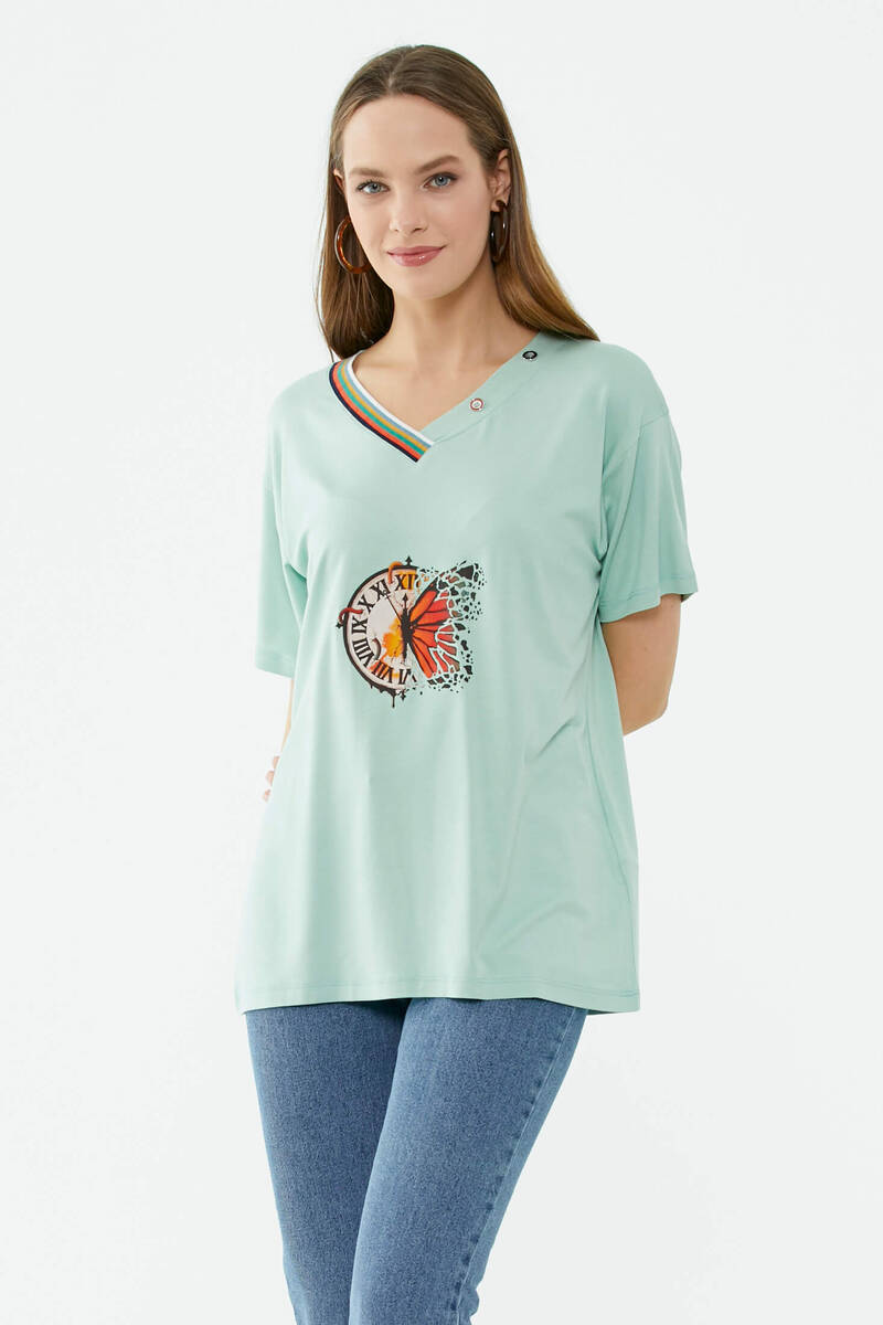 Yaka Detaylı Baskılı Rahat Kalıp Tshirt - Yeşil (3) Sementa