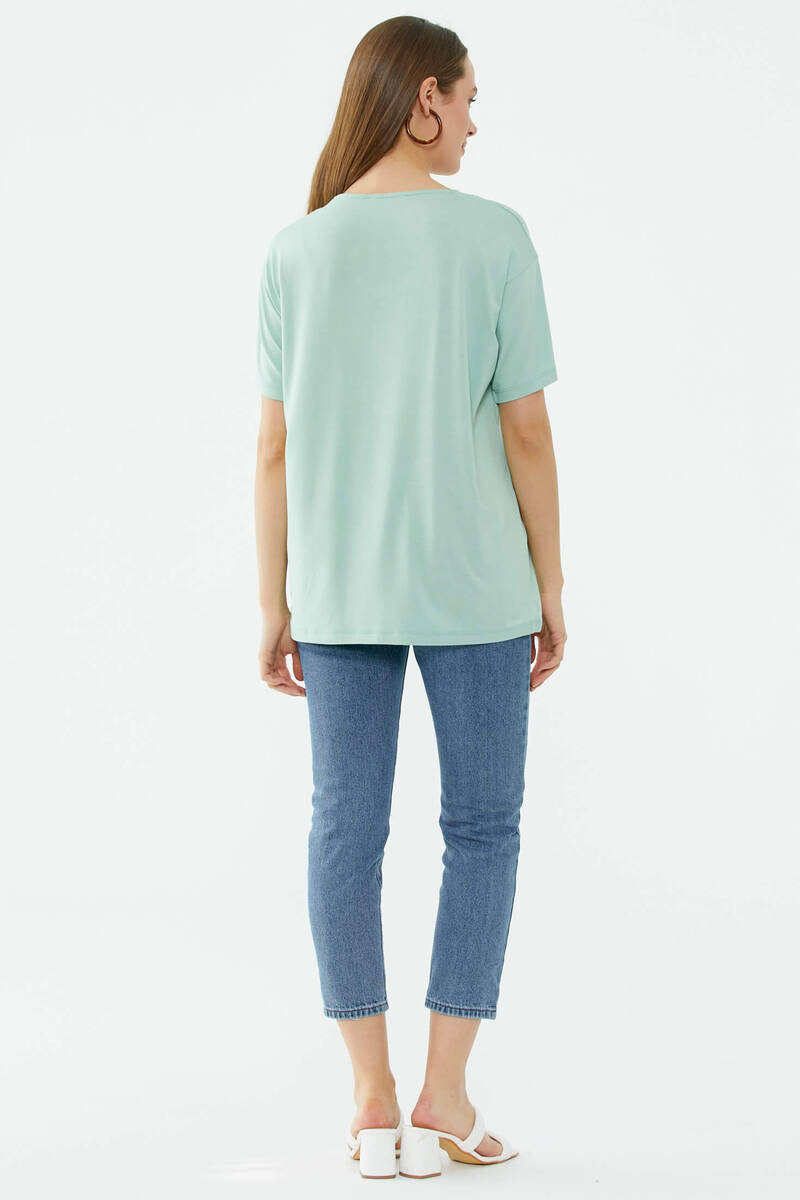 Yaka Detaylı Baskılı Rahat Kalıp Tshirt - Yeşil (4) Sementa