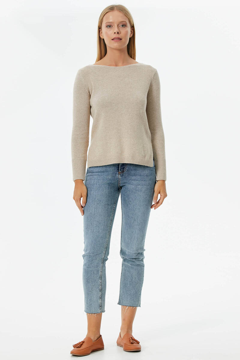 Kayık Yaka Sim Detaylı Triko Kazak - Bej (1) Sementa