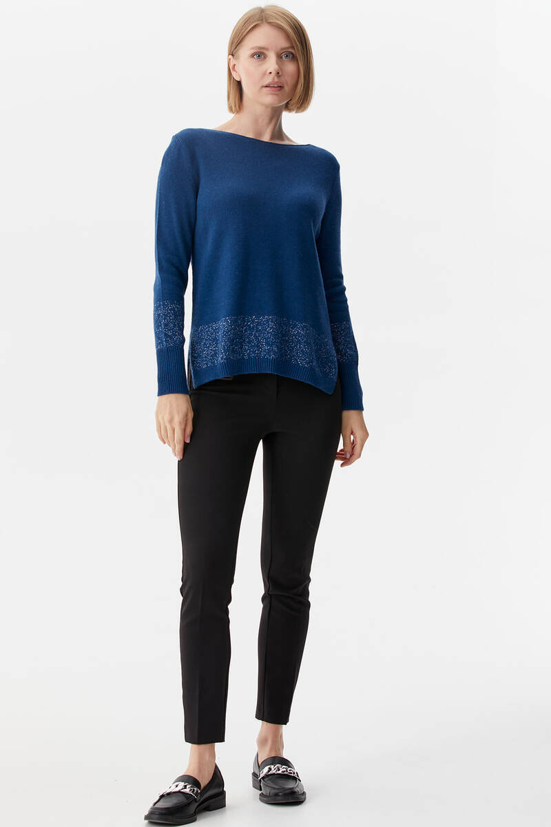 Kayık Yaka Sim Detaylı Triko Kazak - Lacivert (1) Sementa