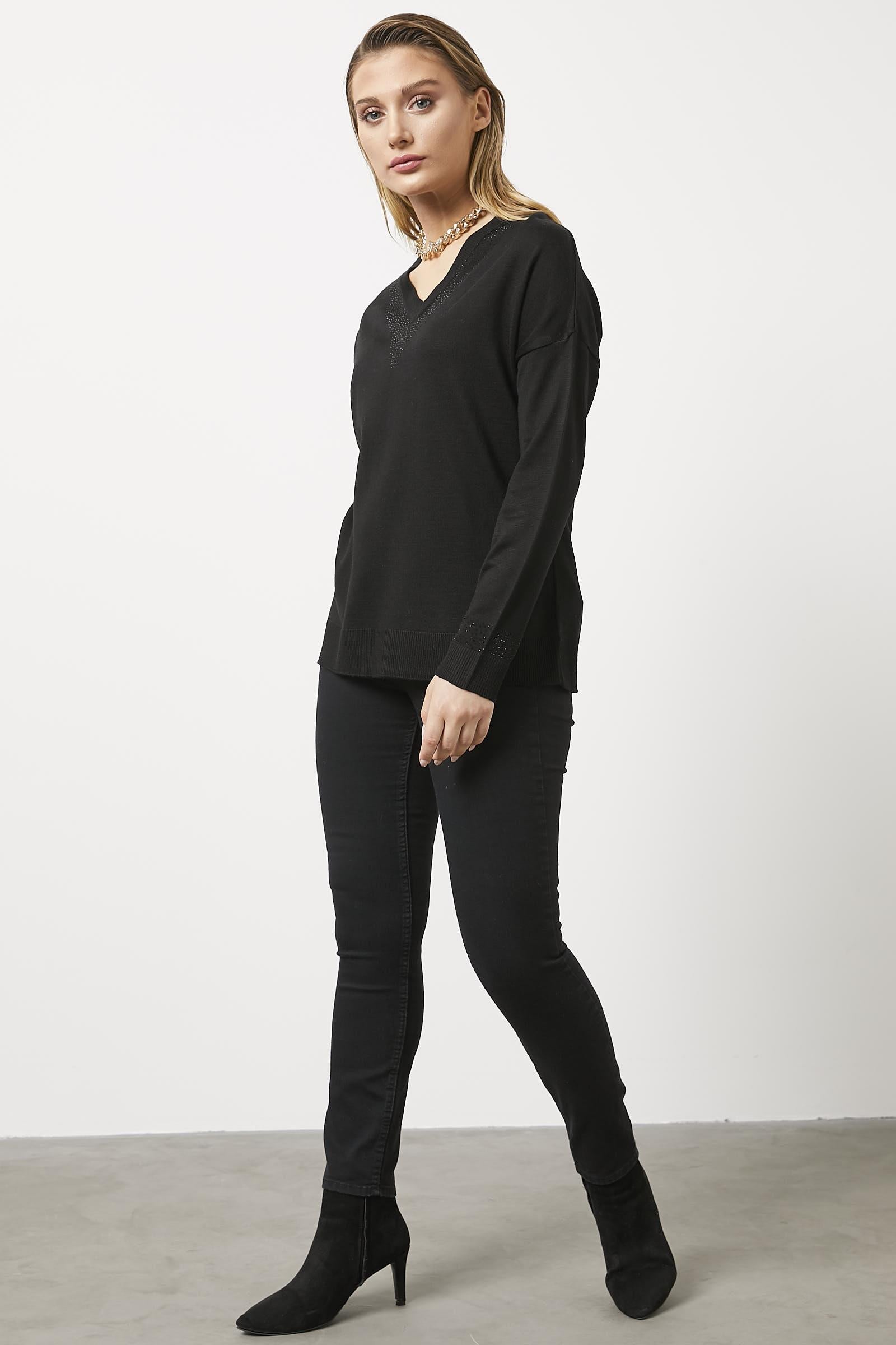 Yakası Taş Detaylı Dökümlü Triko Kazak - Siyah (2) Sementa