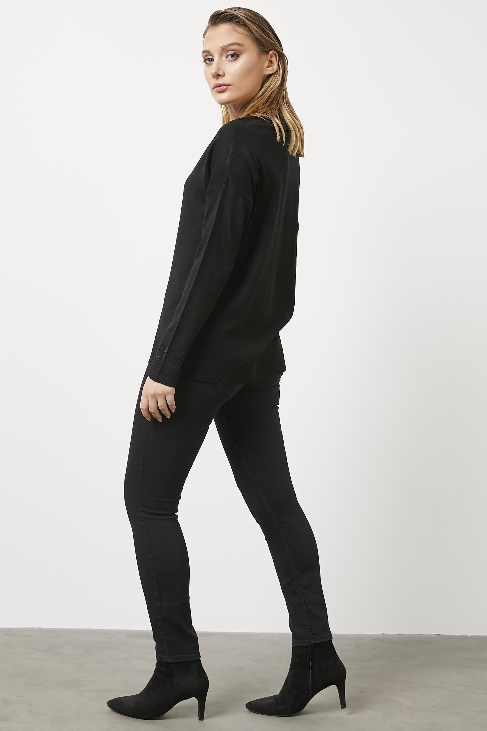 Yakası Taş Detaylı Dökümlü Triko Kazak - Siyah (3) Sementa