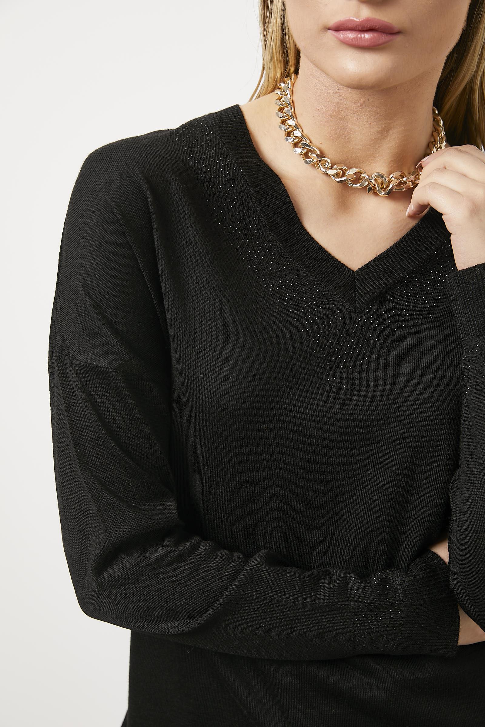 Yakası Taş Detaylı Dökümlü Triko Kazak - Siyah (4) Sementa